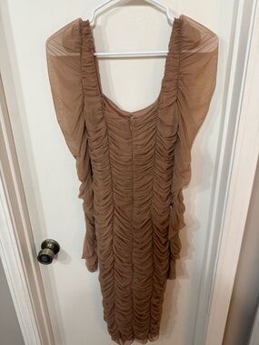 Fashion Nova Ruched Tan Midi Dress
